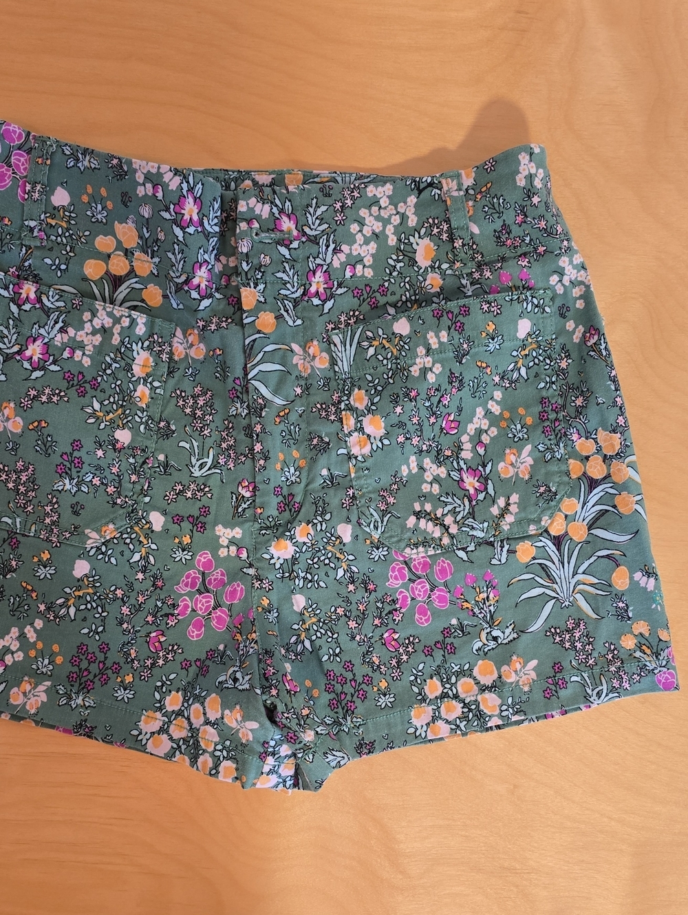 Maeve Green Floral High-Rise Shorts with Pink & Yellow Blooms